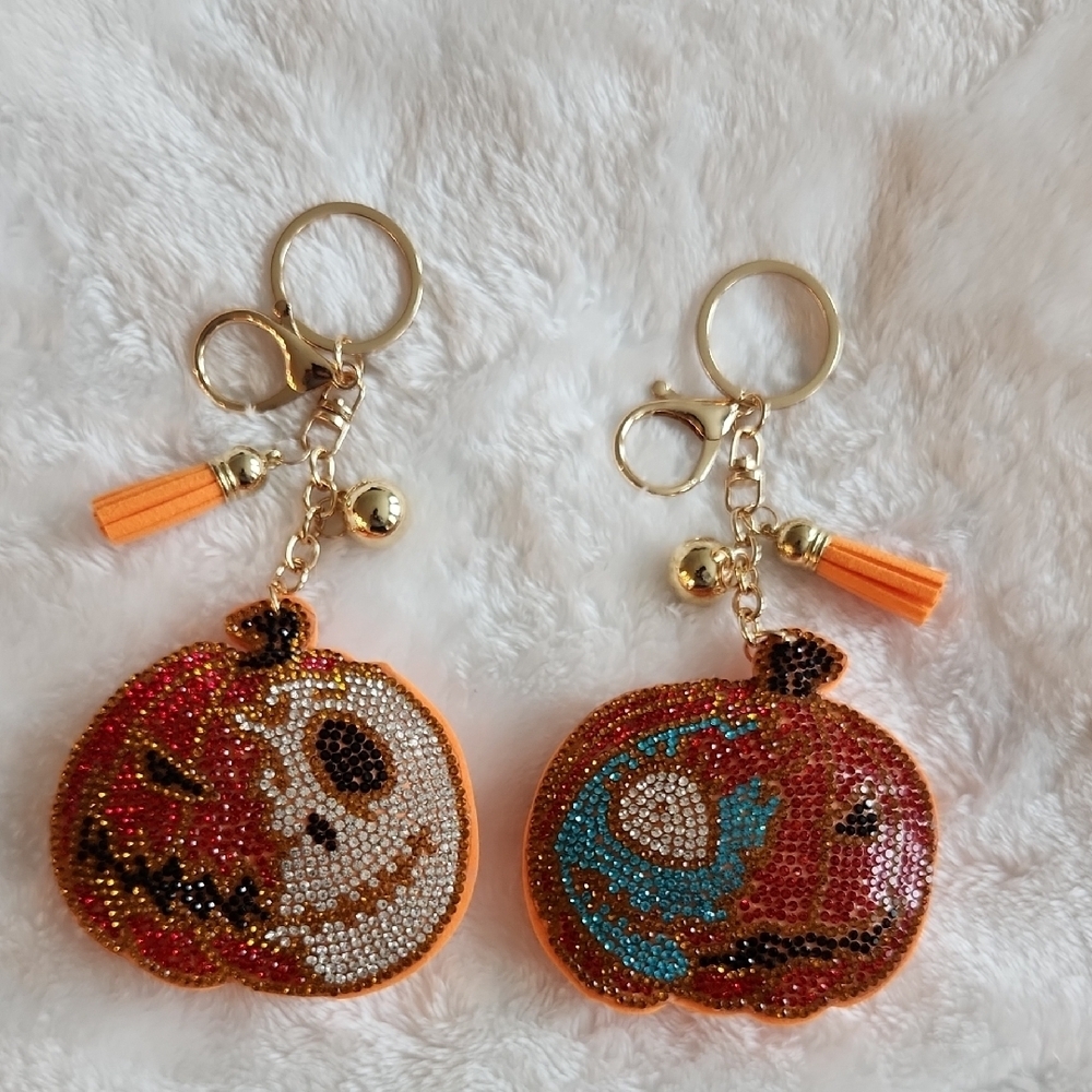 Jack & Sally Pumpkin Rhinestone Keychains Nightmare Before Christmas Bag Charms